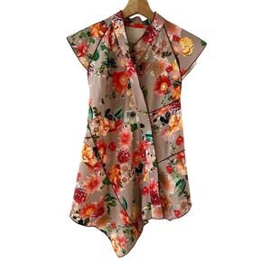 Floral Mandarin Collar Satin Pullover A Symmetrical Asian Style Blouse Top Cap S